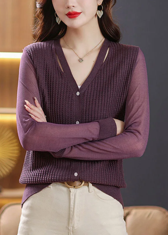 Trendy Traveler Purple Button Ice Size Knit Cardigan Long Sleeve