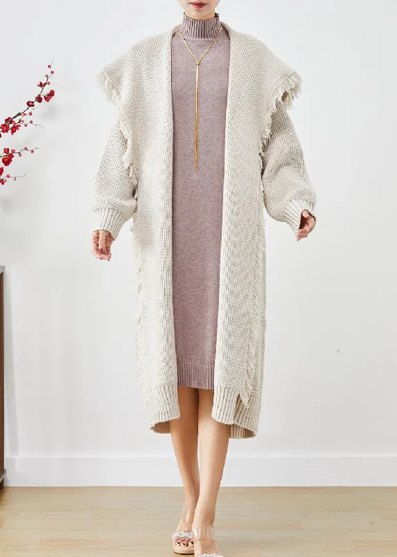 Cozy Pants White Oversized Knit Cardigan Sailor Collar Tasseled Fall