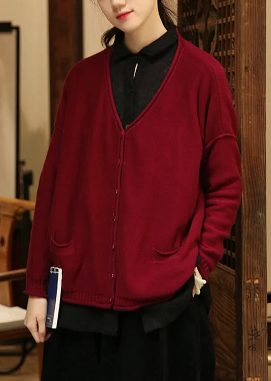 Sexy Fun Wine Red Pockets Patchwork Knit Cardigans V Neck Long Sleeve