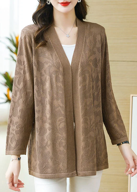 Free And Casual Plus Size Coffee Patchwork Solid Thin Knit Cardigan Long Sleeve