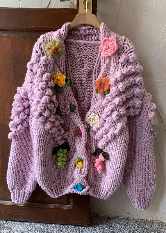 Dessert Matching Floral Purple V Neck Button Cozy Knit Cardigans Winter