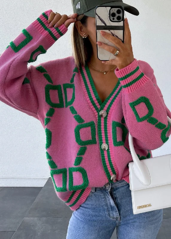 Celebrity Must-have French Pink V Neck Graphic Embroidered Knit Cardigan Fall