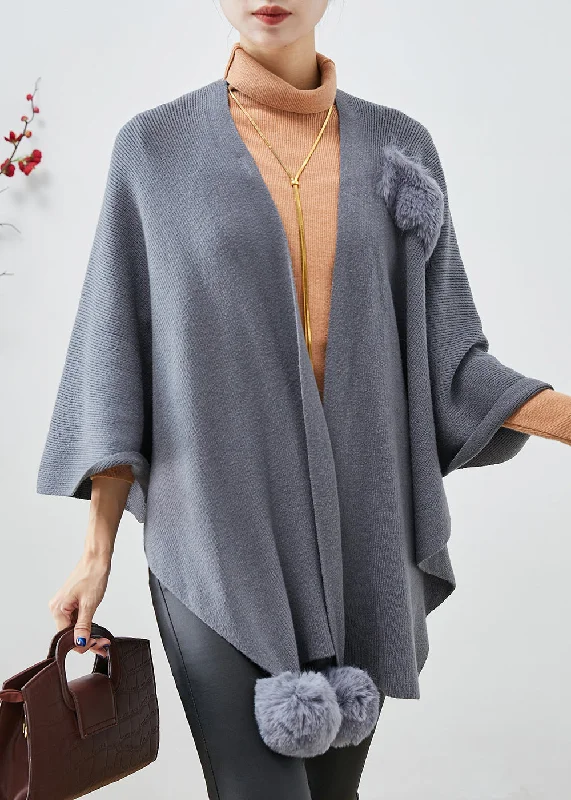 Trendy Layers Plus Size Grey Oversized Fuzzy Ball Decorated Knit Cardigan Fall