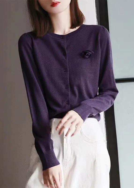 Comfy Chic Wear Plus Size Purple O Neck Floral Patchwork Woolen Knit Cardigans Fall