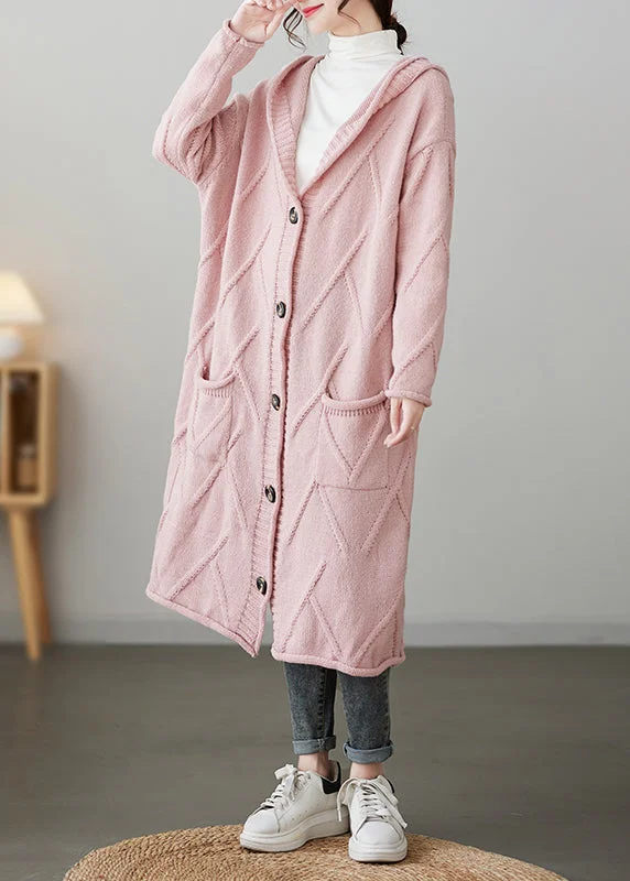 Layered Style Pink Pockets Button Patchwork Loose Knit Cardigan Hooded Fall
