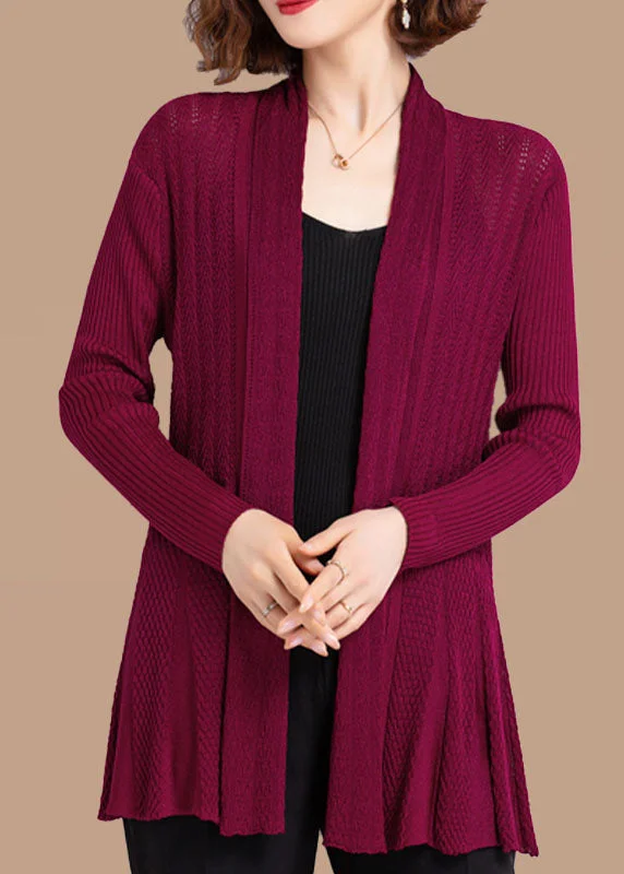Retro Prints Wine Red Patchwork Knit Cardigans Hollow Out Wrinkled Fall