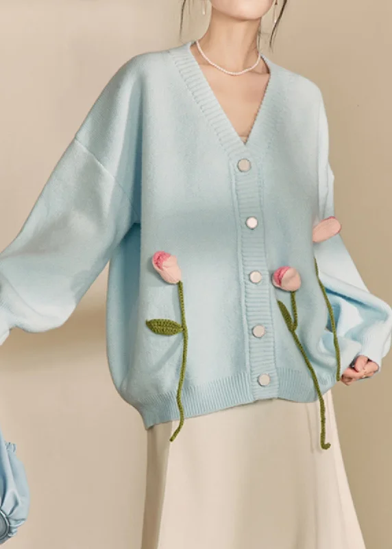 Breezy Style Loose Cozy Blue V Neck Floral Knit Cardigan Fall
