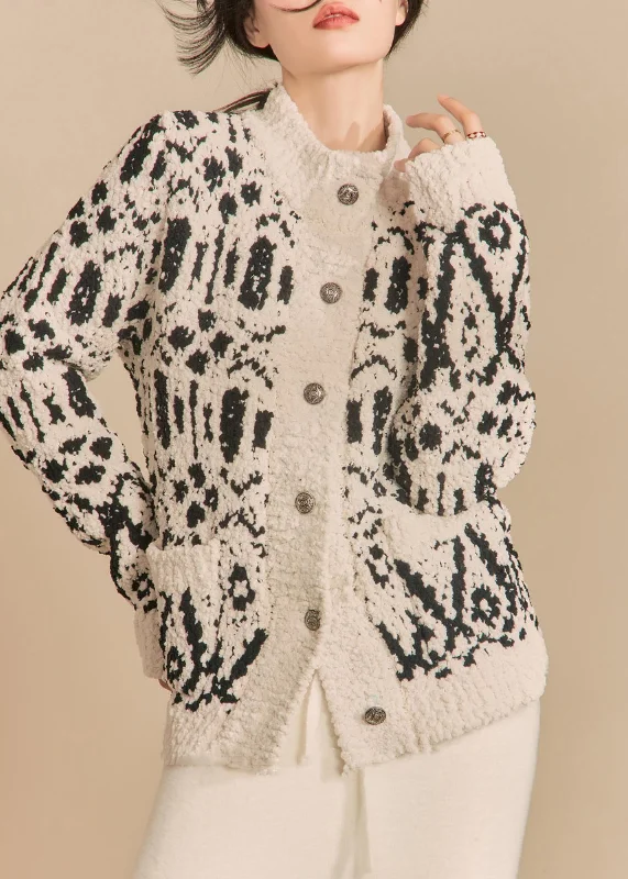 Free Design Loose Black Print Button Cotton Knit Cardigan Winter