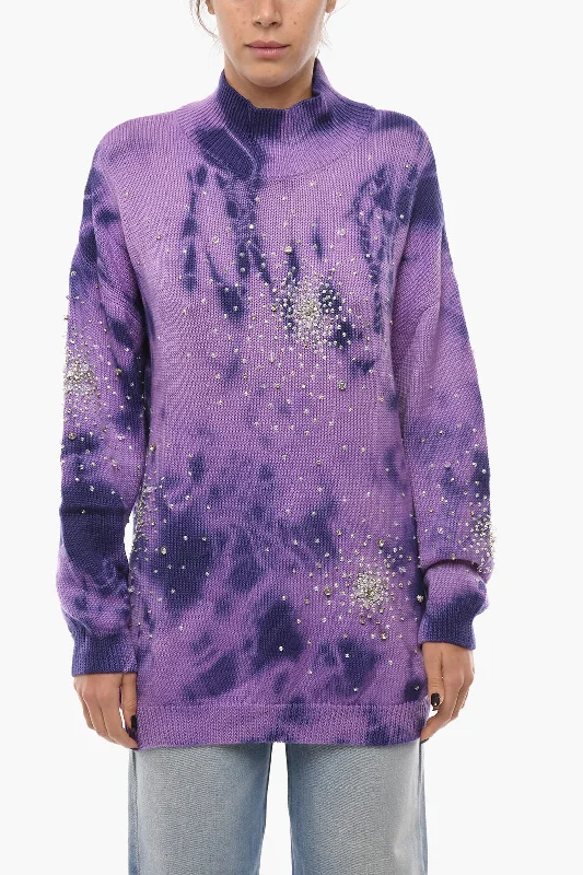Cozy Lounge Wear Des Phemmes Turtleneck Tie Dye Wool Pullover With Crystals