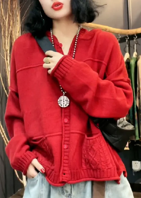 Exclusive Customization Stylish Red V Neck Pockets Patchwork Knit Cardigan Fall