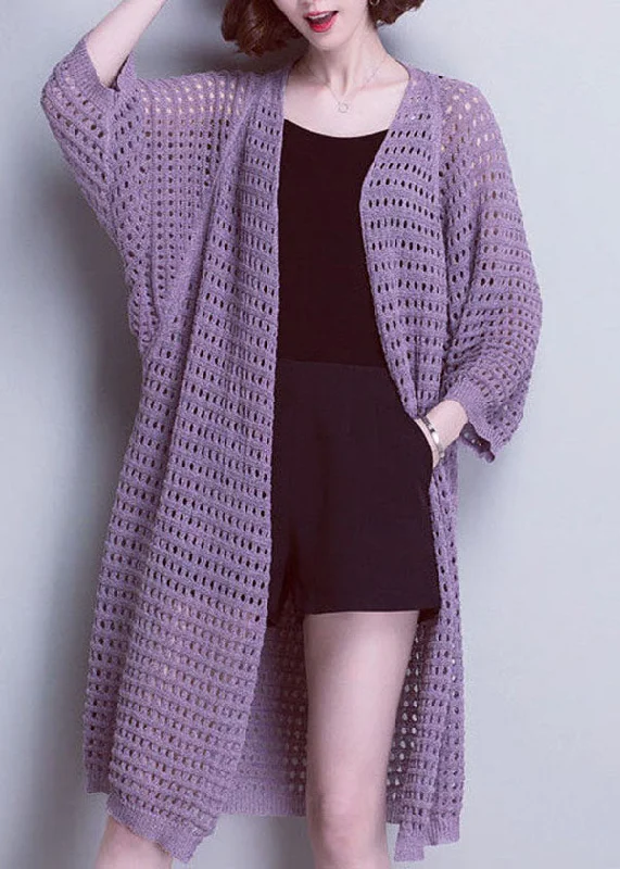 Floral Prints Unique Purple V Neck Hollow Out Patchwork Knit Cardigans Summer