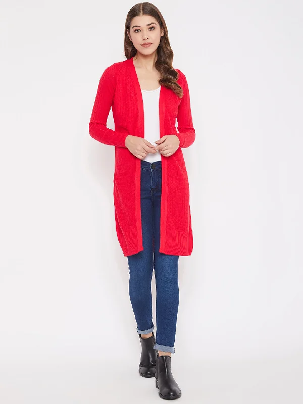 Soft Trends JUMP USA Women Red Solid Longline Open Front Shrug