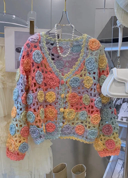 Loose Fit Floral Rainbow V Neck Hollow Out Knit Cardigan Fall