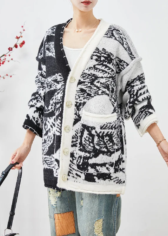 Personalized Clothing Plus Size Black Asymmetrical Tie Dye Knit Cardigans Fall