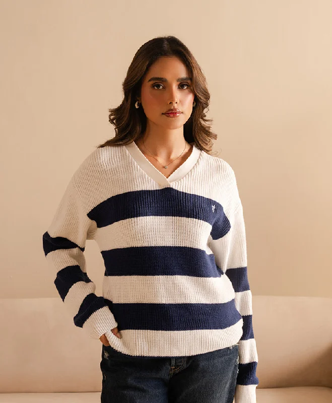 Simple Solid Color Blue and White POLO Sweater (Women)