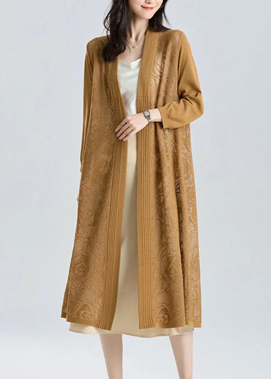 Elegant Casuals Unique Yellow V Neck Embroideried Patchwork Thin Ice Size Long Knit Cardigan Summer Elegant Casuals Unique Yellow V Neck Embroideried Patchwork Thin Ice Size Long Knit Cardigan Summer
