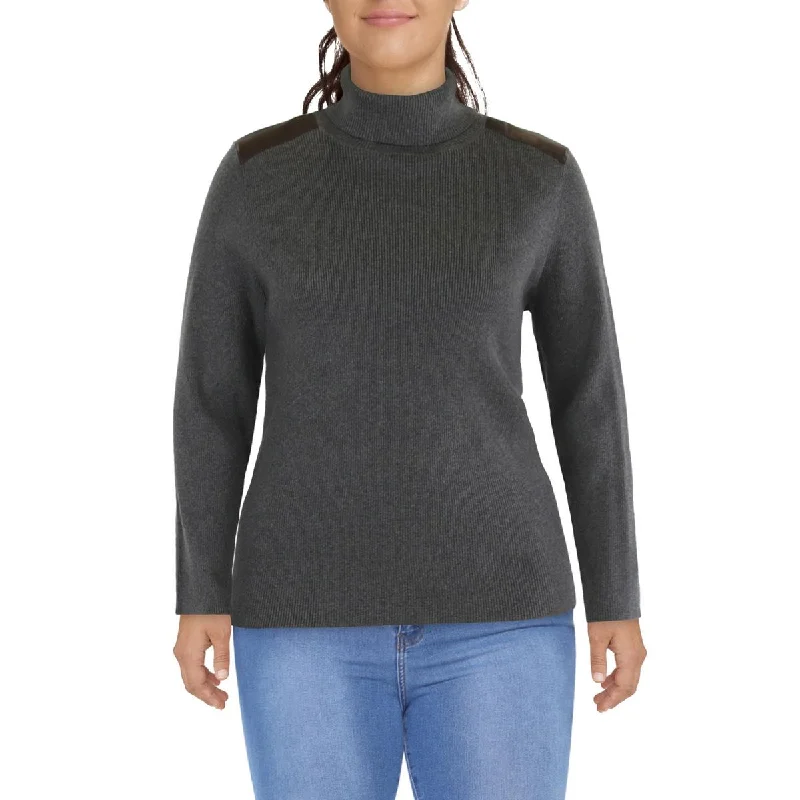 Everyday Style Plus Womens Faux Leather Trim Long Sleeves Turtleneck Sweater