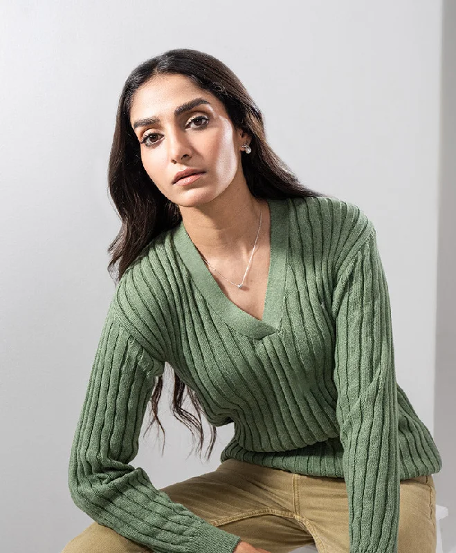 Fashion Comfort Olive V-Neck Sweater (Women)