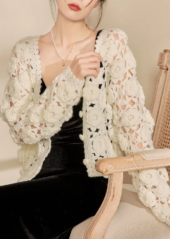 Modern Comfort French White Hollow Out Cotton Knit Cardigan Fall