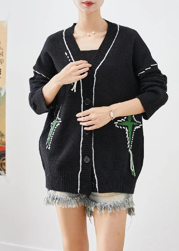 Urban Chic Unique Black Oversized Jacquard Knit Cardigan Fall
