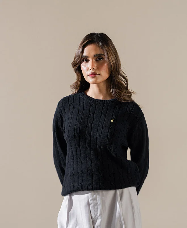 High-end Fabrics Black Cable Knit Sweater (Women)