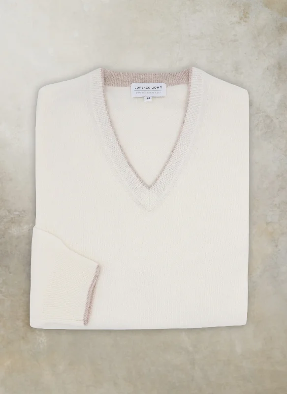 High-end Customization Men's Melbourne Contrast V-Neck Extra-Fine Pure Merino Wool Sweater in Cream