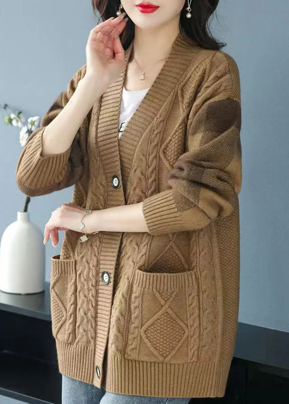 Free And Comfortable Plus Size Camel V Neck Pockets Button Patchwork Knit Cardigan Fall
