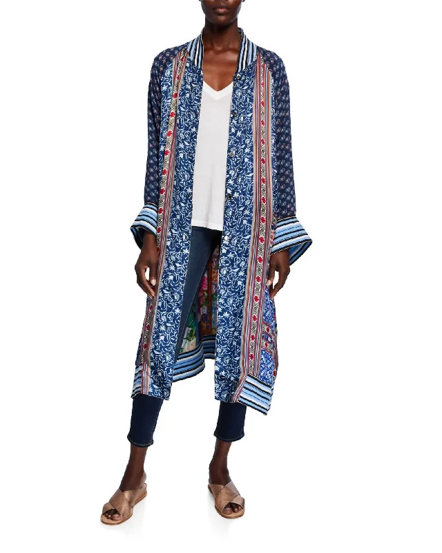 Celebrity Style Reversible Long Fiori Silk Twill Kimono Coat In Multi