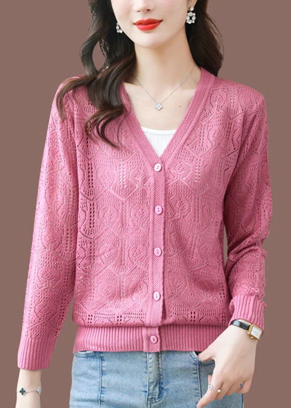 Versatile Items Pink Hollow Out Ice Size Cozy Knit Cardigans Long Sleeve