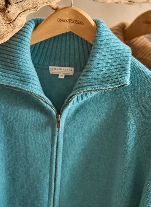 Unique Design Women's Francesca Double End Zip Cashmere Cardigan Sweater in Robins Egg