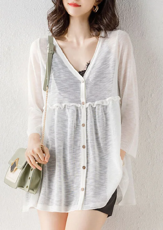 Effortless Comfort Stylish White V Neck Button Patchwork Knit Cardigan Bracelet Sleeve