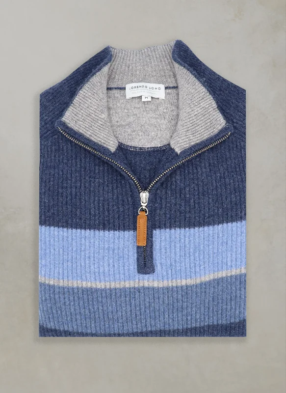 Cool Breeze At Night Men's Innsbruck Panel Quarter Zip Cashmere Sweater in Navy