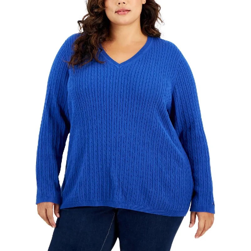 Relaxed Tops Tommy Hilfiger Womens Plus Cable Knit Long Sleeve V-Neck Sweater
