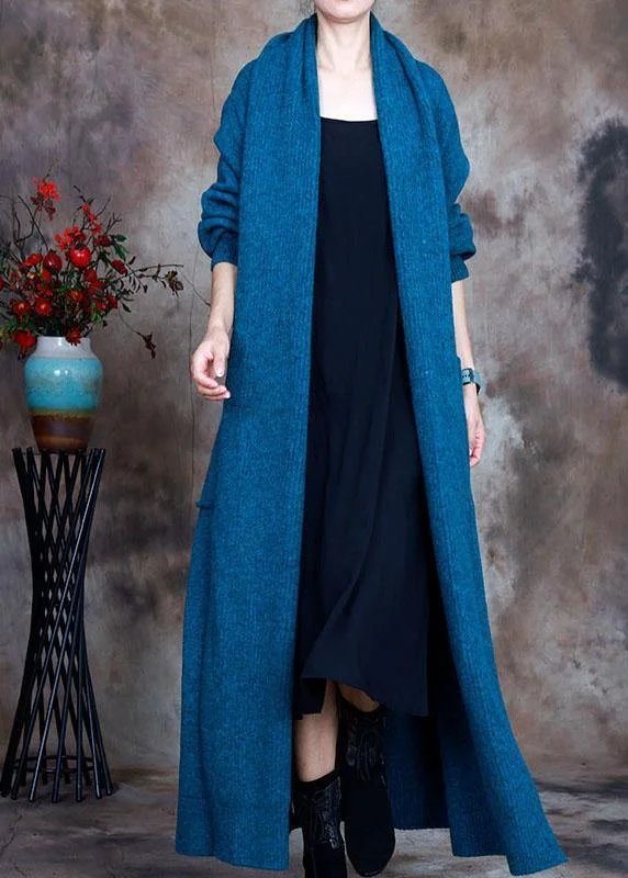 New Products Vintage Blue V Neck Pockets Fall Knit Cardigan