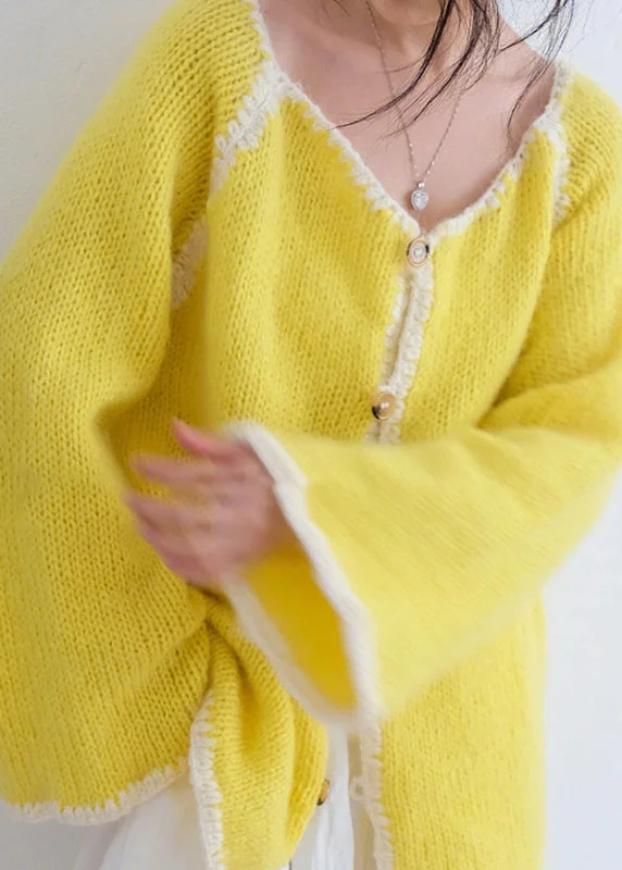 All-Day Wear Women Casual Yellow O Neck Button Knit Cardigans Fall