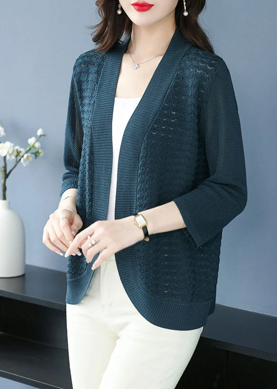 Mid-length Style Vintage Sea Blue V Neck Patchwork Solid Ice Size Knit Cardigan Bracelet Sleeve