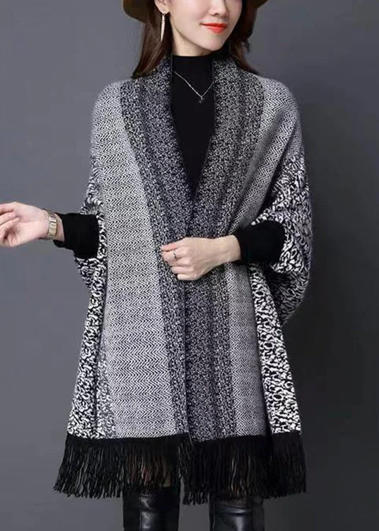 Personalized Design Plus Size Grey V Neck Tasseled Patchwork Knit Cardigans Fall
