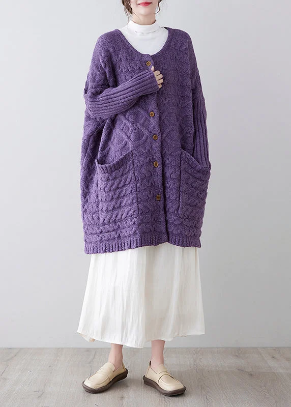 Celebrity Style Unique Purple O-Neck Pockets Cozy Knit Cardigan Spring