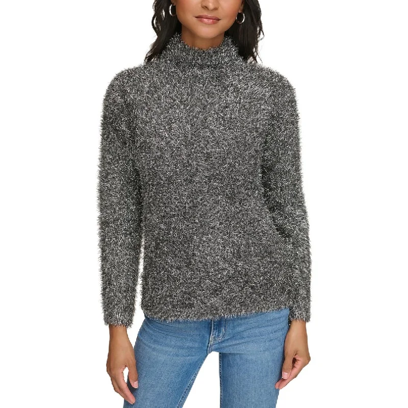 Unique Design Calvin Klein Womens Metallic Eyelash Mock Turtleneck Sweater