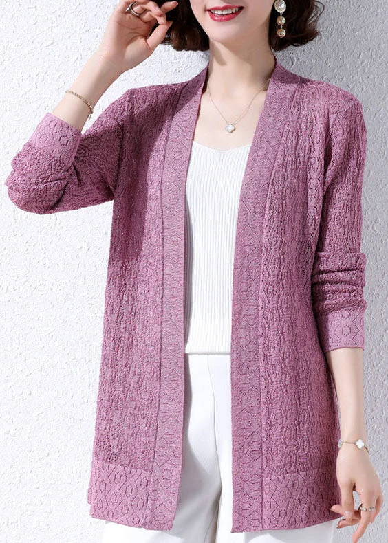 Cozy Look Unique Purple Hollow Out Embroideried Patchwork Knit Cardigans Fall