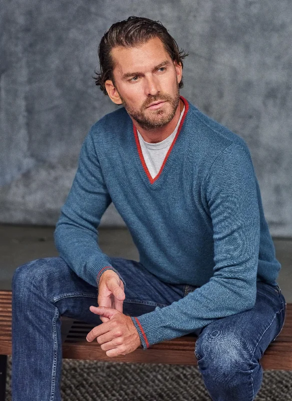 Weekend Comfort Men's Edelweiss V-Neck Cashmere Sweater in Teal Heather
