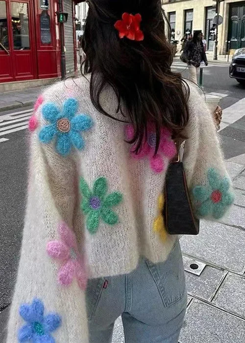 Casual Chic Outfits Floral White Button Hollow Out Wool Knit Cardigans Winter