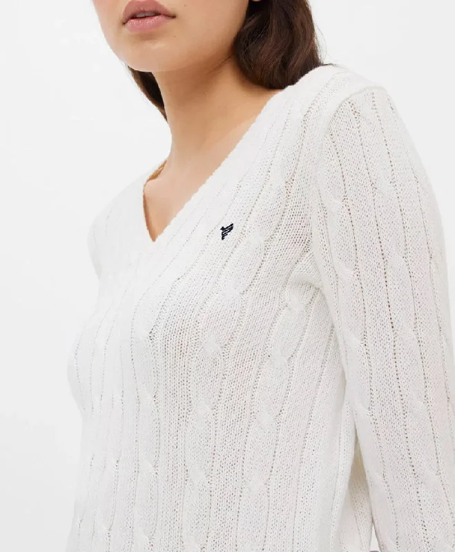 Comfortable Tops White V-Neck Cable Knit Sweater (Women)