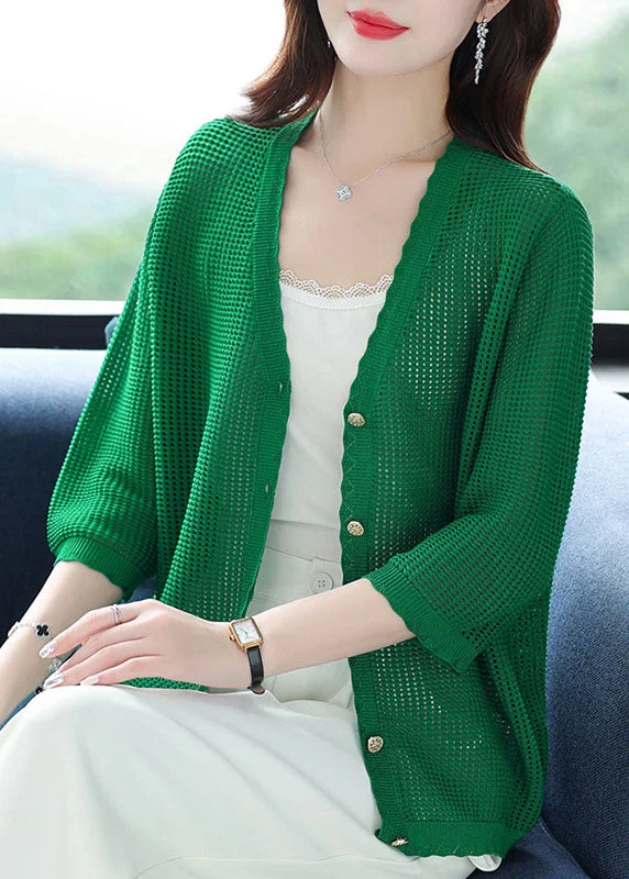 Elegant Wear Organic Green V Neck Hollow Out Patchwork Knit Cardigan Summer