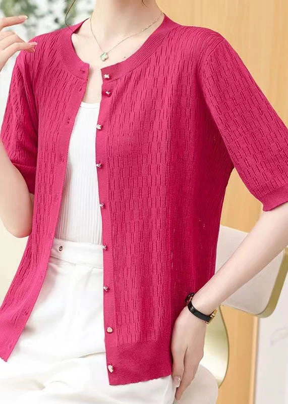 Energy Plan Rose Patchwork Thin Knit Cardigan O Neck Hollow Out Summer
