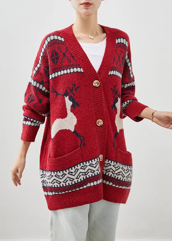 Fashion Wear Red Print Knit Cardigans V Neck Pockets Winter