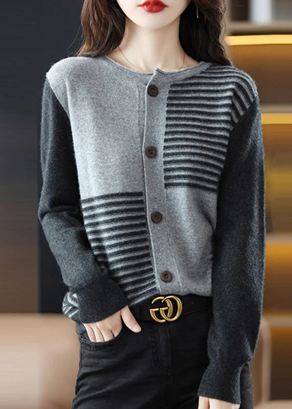 Weekend Comfort Stylish Grey O Neck Button Patchwork Woolen Knit Cardigan Fall