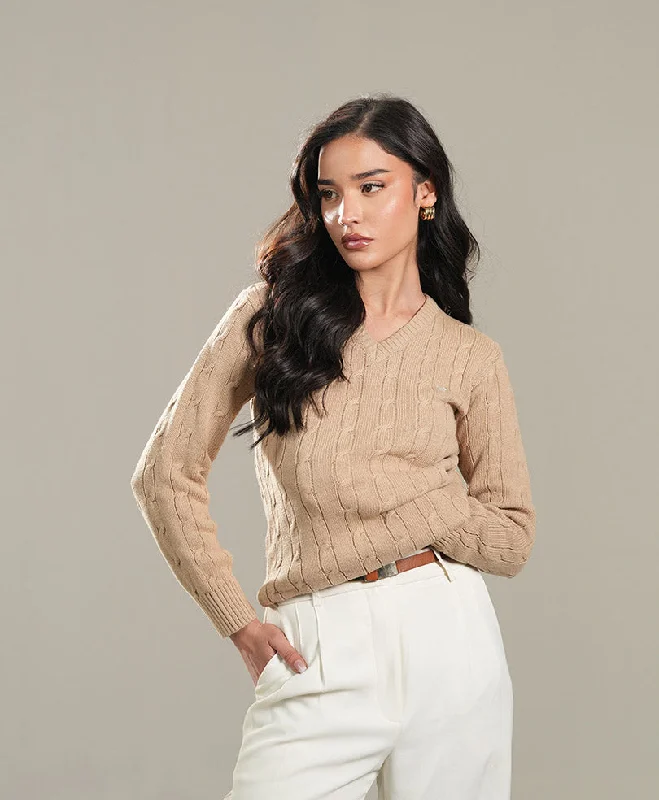 New Design Khaki V-Neck Cable Knit Sweater (Women)