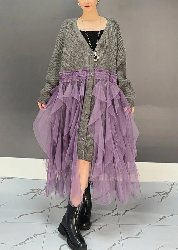 Embroidered Letters Loose Grey V Neck Tulle Patchwork Knit Cardigan Dress Winter