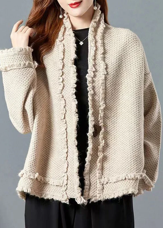 Versatile Itinerary Italian Camel V Neck Ruffled Patchwork Knit Cardigans Fall